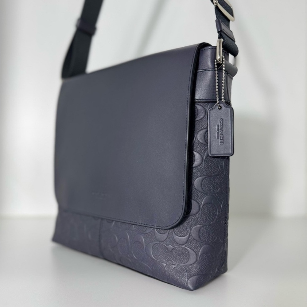 COACH Charles Men's NAVY Small Messenger Bag in Embossed Signature Leather
